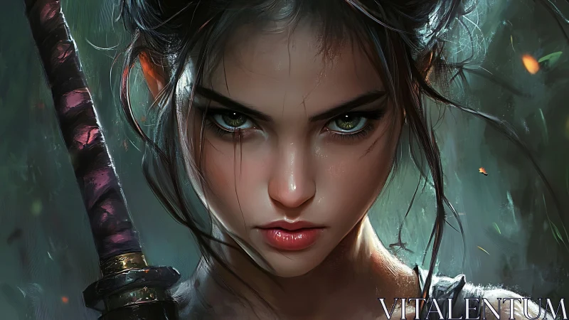 Fierce forest warrior girl with determined emerald eyes.