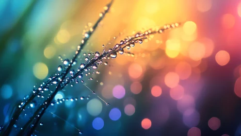 Dew covered grass blades against vivid rainbow bokeh light.