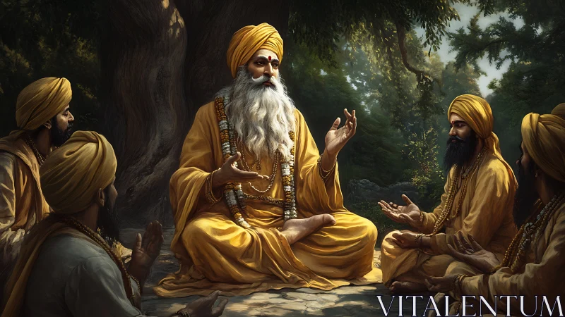 Digital painting of a spiritual guru teaching under tree canopy.