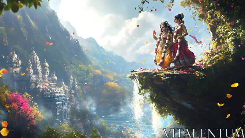 Two adorned figures stand on cliff ledge above temple valley