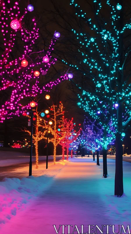 Photorealistic winter alley with neon-lit ornamental trees.
