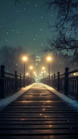 Winter walkway aglow with gentle lamplight and quiet snow.