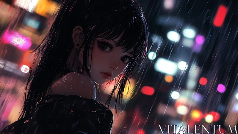 Neon rain falls as a lone anime girl turns in quiet defiance