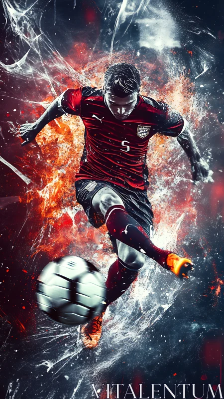 Fiery soccer kick frozen in a storm of sparks and motion.