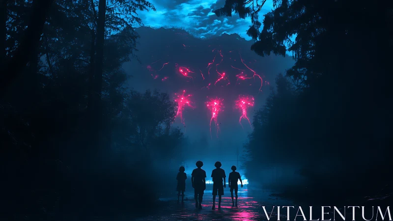 Cinematic digital painting of kids confronting alien sky breach.