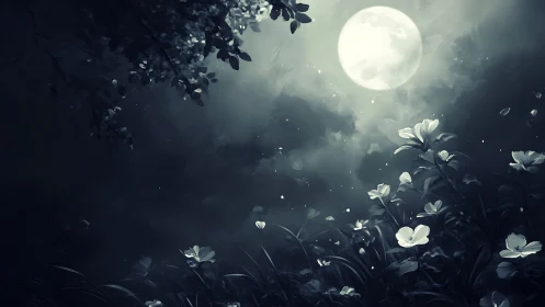 Moonlit nocturne over wildflowers in high-contrast bloom.