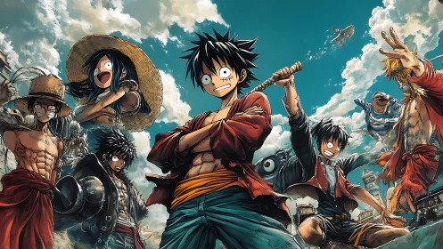 Anime pirates group under dynamic stormy sky, heroic stance.