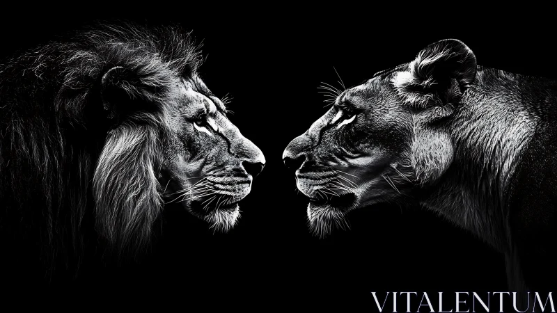 Male Lion and Lioness Profile Study: High-Contrast Monochromatic Portrait.