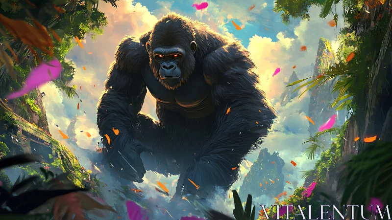 Giant gorilla strides through lush canyon jungle at sunrise