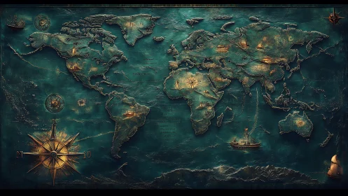 Vintage teal world map with embossed continents and compass.