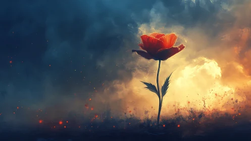 Solitary crimson flower rising through luminous storms.