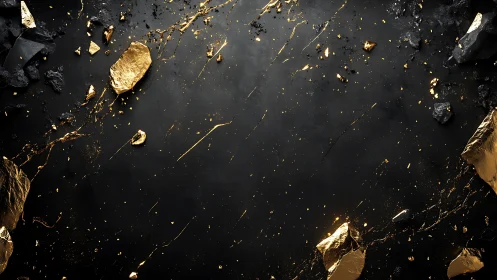 Fragmented obsidian and gold shards on matte black field.