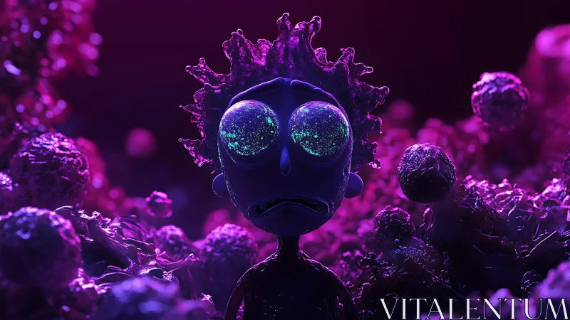 Glowing-eyed cartoon figure stands in neon alien landscape.