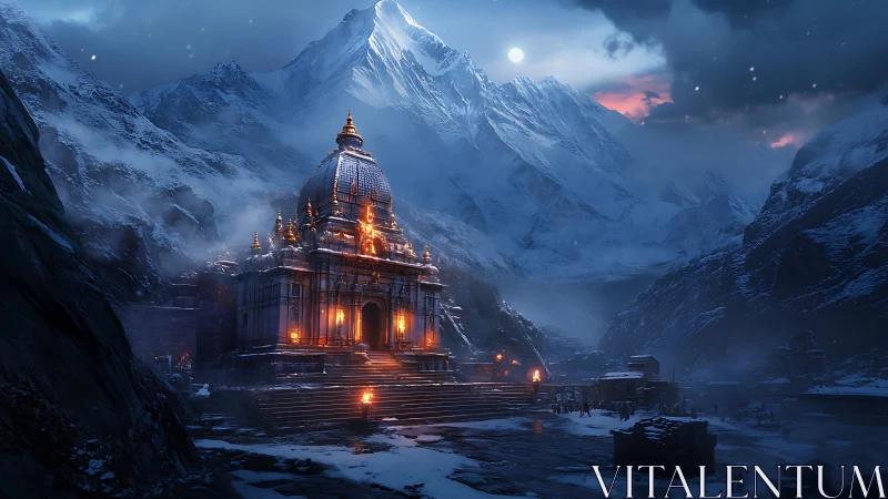 Mountain temple glows with firelight beneath a winter moon.