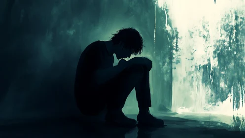Silhouetted figure in teal chiaroscuro conveys isolated introspection