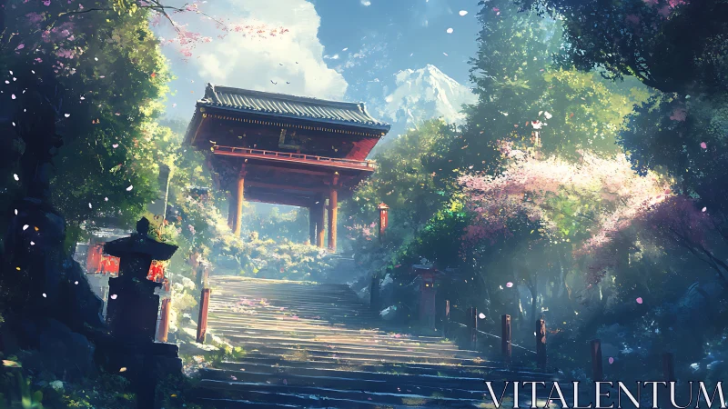 Sunlit shrine steps winding toward a quiet mountain sky.