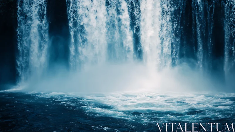 Rushing blue waterfall pours into a misty, swirling pool