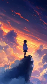 Solitary girl watches blazing sunset sky from high peak.