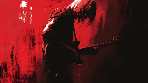 Silhouetted electric guitarist on red and black abstract field.