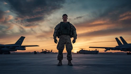 Twilight steel gathers in a lone soldier guarding the runway