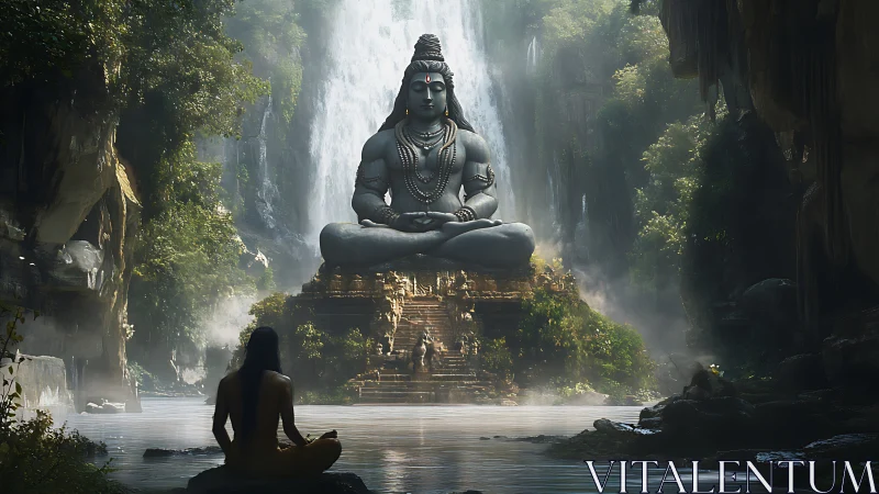 Monumental Shiva statue dominates misty canyon with cascading waterfalls