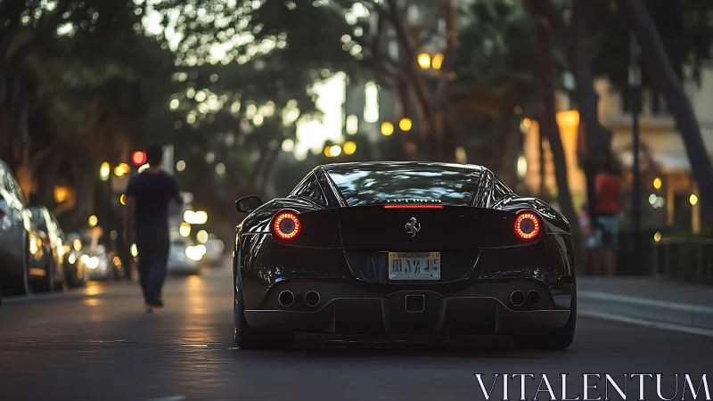 Rear view of black sports car on city street at dusk.