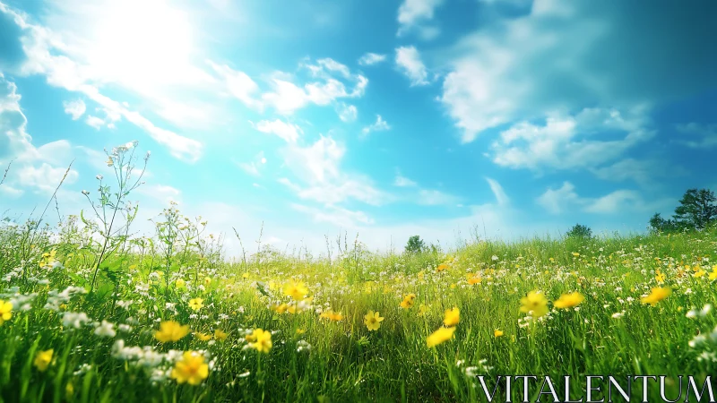 Wildflower meadow leans into a bright, boundless summer sky