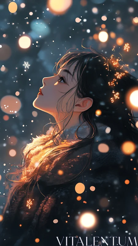 Side-profile winter portrait in luminous bokeh snowfall.