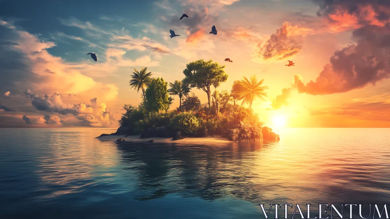 Tropical island landscape with palm trees and sunset lighting.