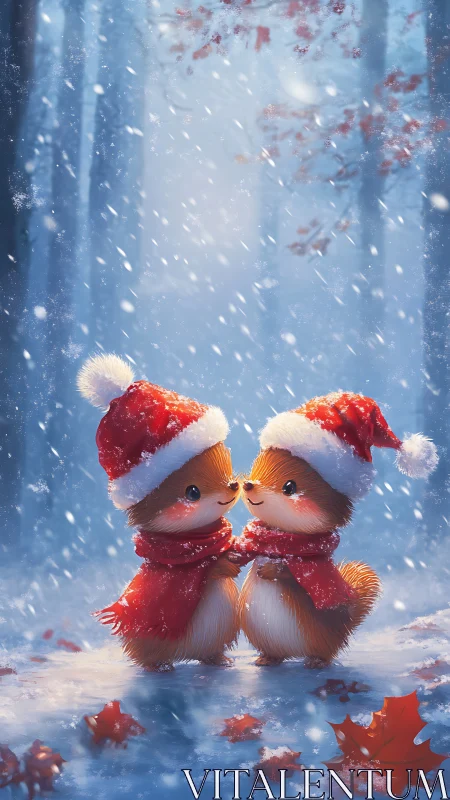 Two cartoon squirrels in winter forest wearing red scarves.