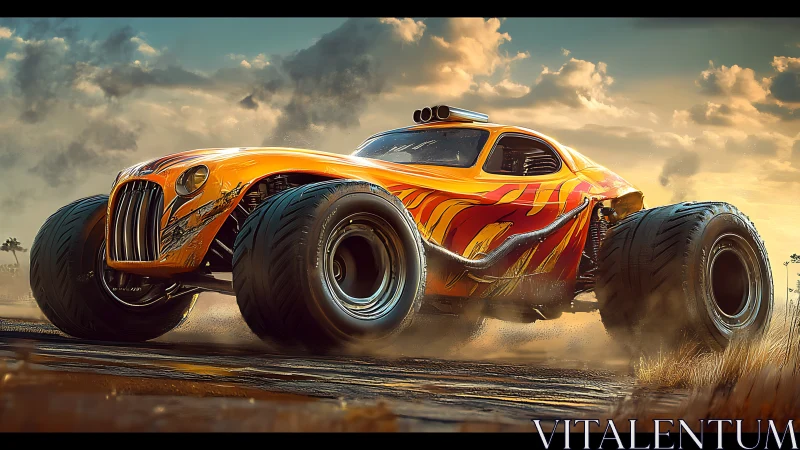 Flame-liveried off-road hypertruck with oversized terrain tires.