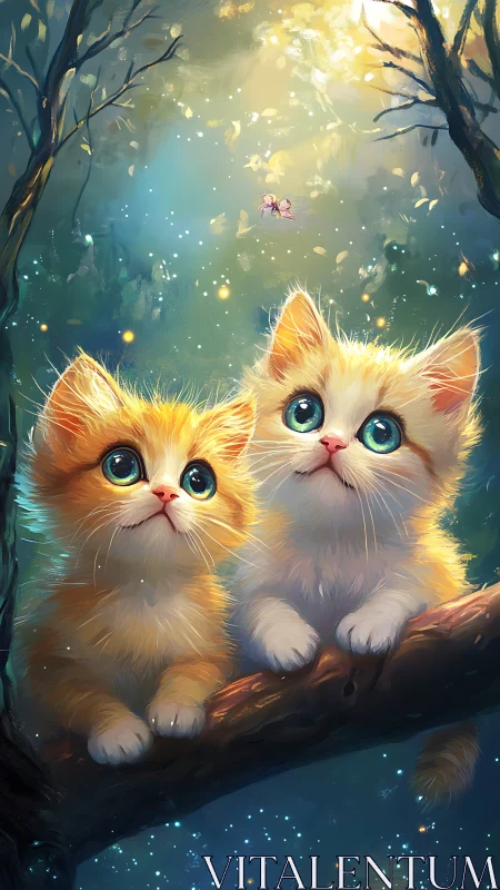 Luminous Feline Pair in Enchanted Forest Ambiance.