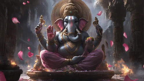 Digital painting of majestic seated Ganesha in ornate temple.