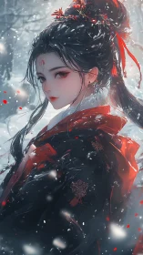 Snowlit maiden in red kimono gazes over silent winter forest