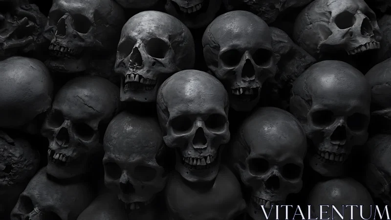 Moody skull collection glowing softly in deep shadowed tones.
