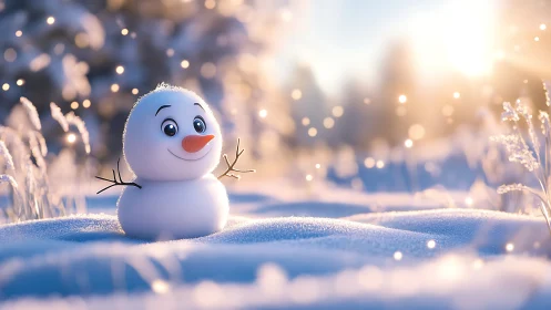 Cheerful baby snowman basking in glittering winter sunrise.