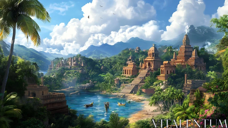 Ancient riverside temple city in lush tropical valley.