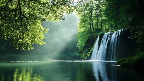 Diffuse backlit forest waterfall captures soft volumetric lighting