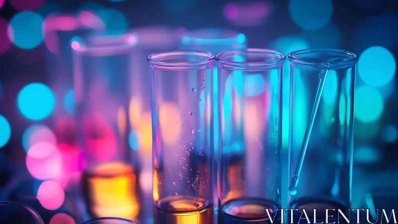 Neon-lit laboratory test tubes amid glowing bokeh haze.