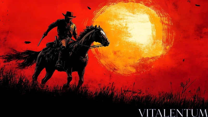 Lone cowboy riding homeward under a blazing sunset sky.