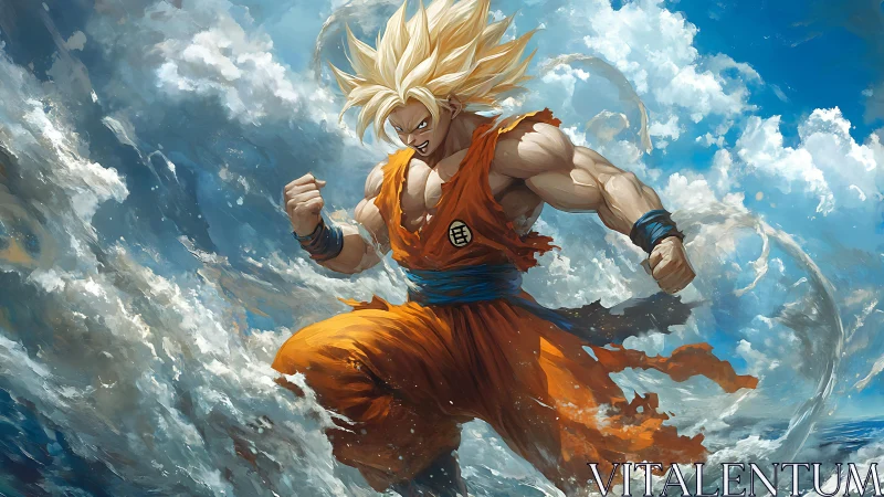 Supercharged martial avatar in turbulent atmospheric vortex.