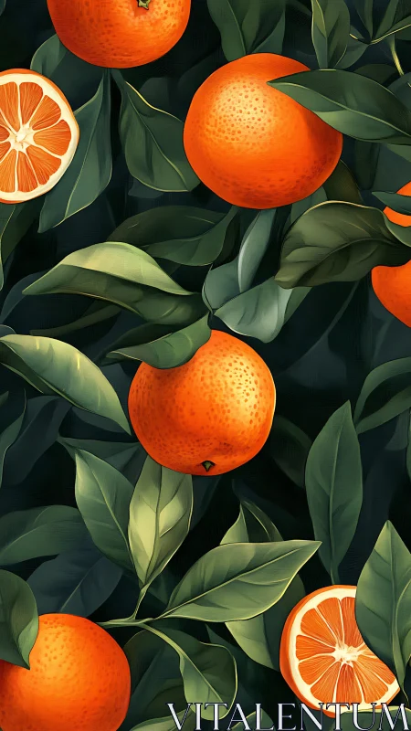Digital citrus illustration with oranges and dark foliage.