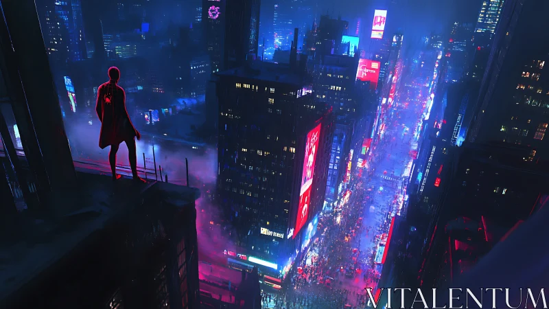 Neon vigilante overlooking rain-soaked cyberpunk avenue.
