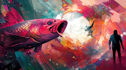 Vibrant surreal fish confronts silhouetted figure in chromatic vortex