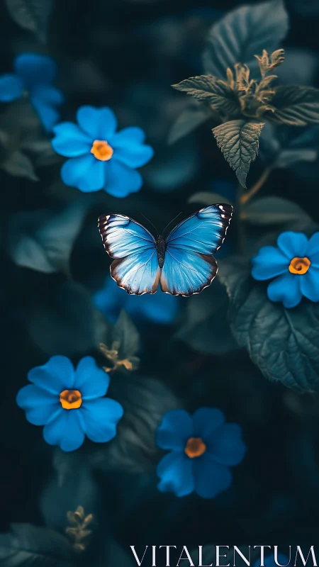 Iridescent blue butterfly amid teal foliage and blossoms.