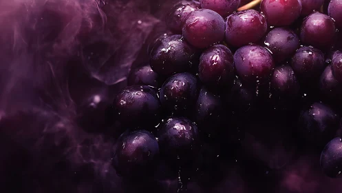 Moody macro cluster of wet purple grapes in misty light.
