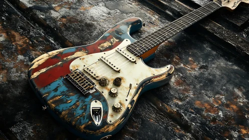 Relic-style electric guitar on worn textured metal surface.