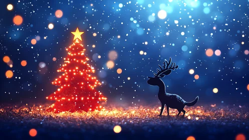 Silhouette reindeer faces lit Christmas tree under falling snow