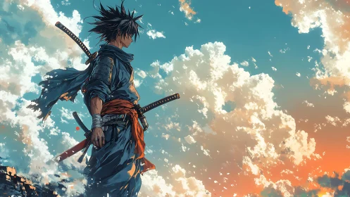 Storm-tossed ronin pauses where burning sunset meets sky