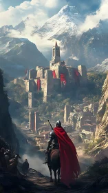 Knight approaches mountain fortress under snowcapped peaks.